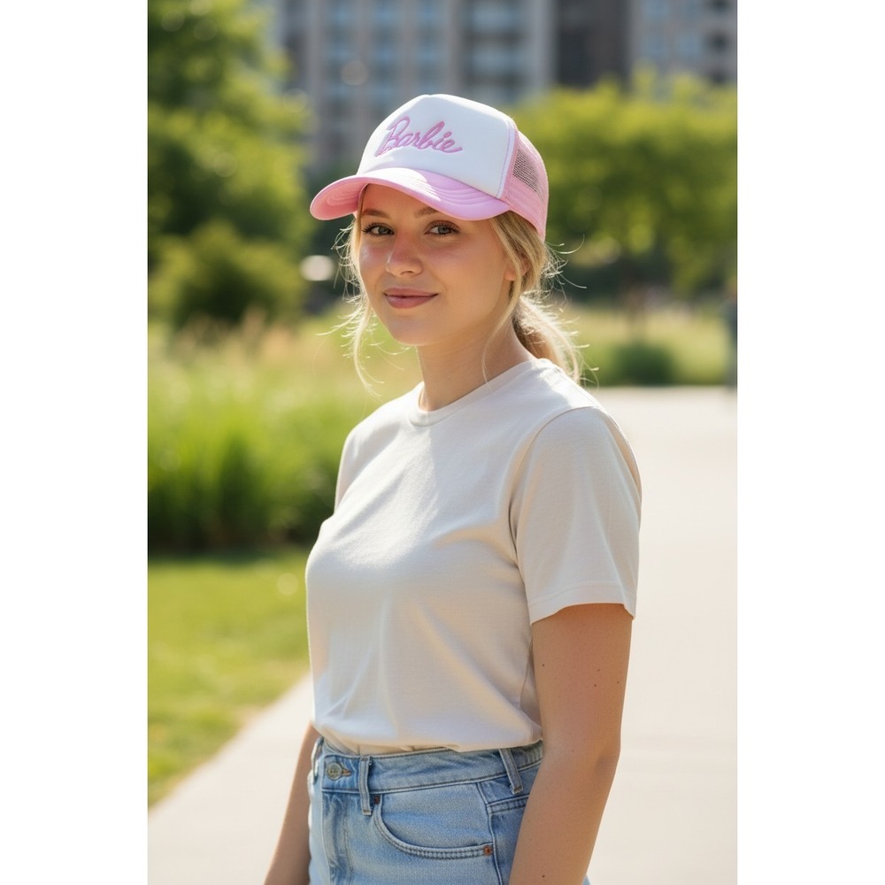 Barbie Pink White Trucker Hat Adult 57cm Snapback Mesh Cap Mattel NWT Berkshire